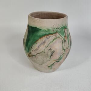 Vintage Nemadji Pottery USA Vase 5.25” Green Orange Swirl Pattern